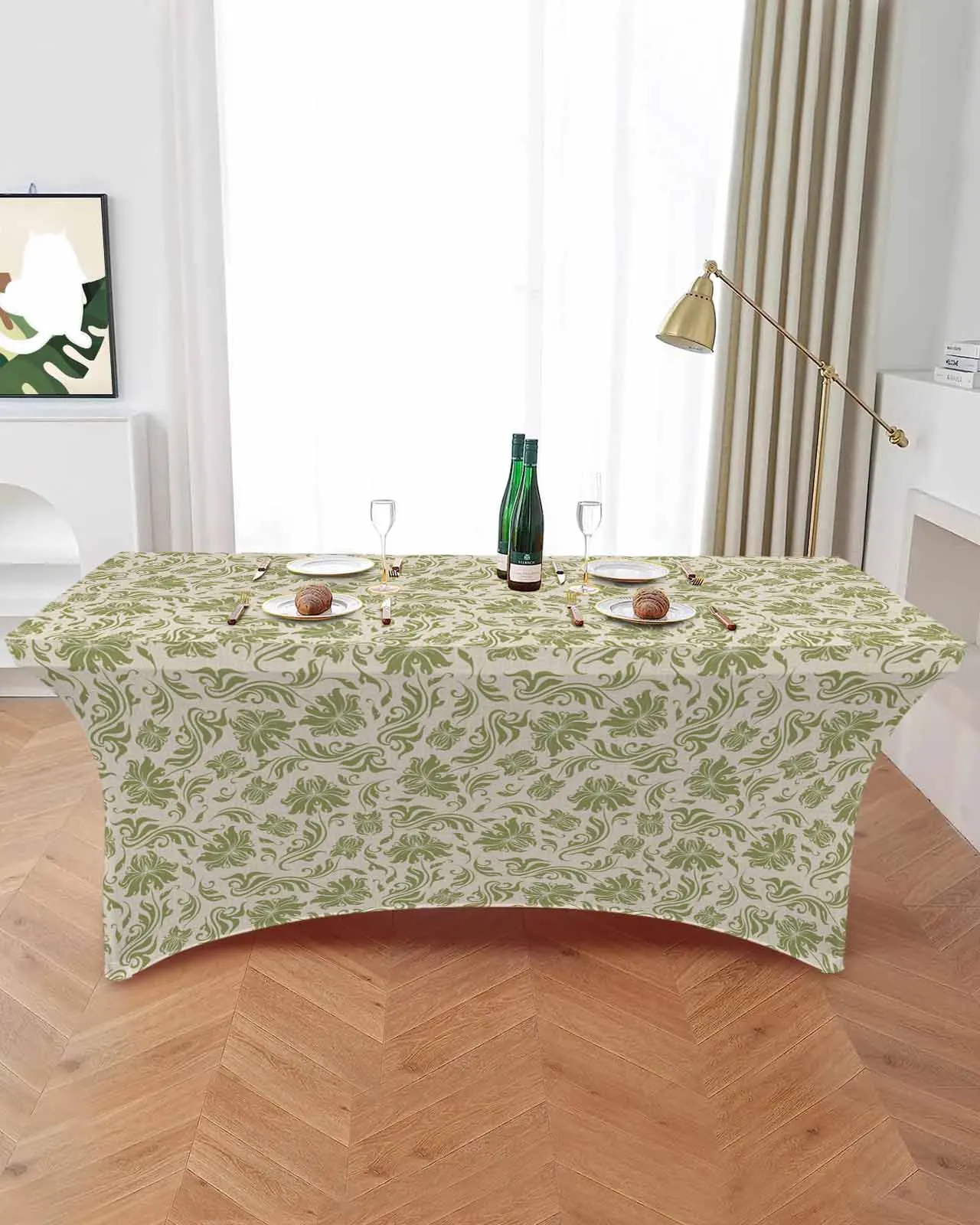 Retro Wallpaper Plants And Flowers High Stretch Tablecloth Wedding Party Decor Elastic Print Table Cover Outdoor Table Cloth