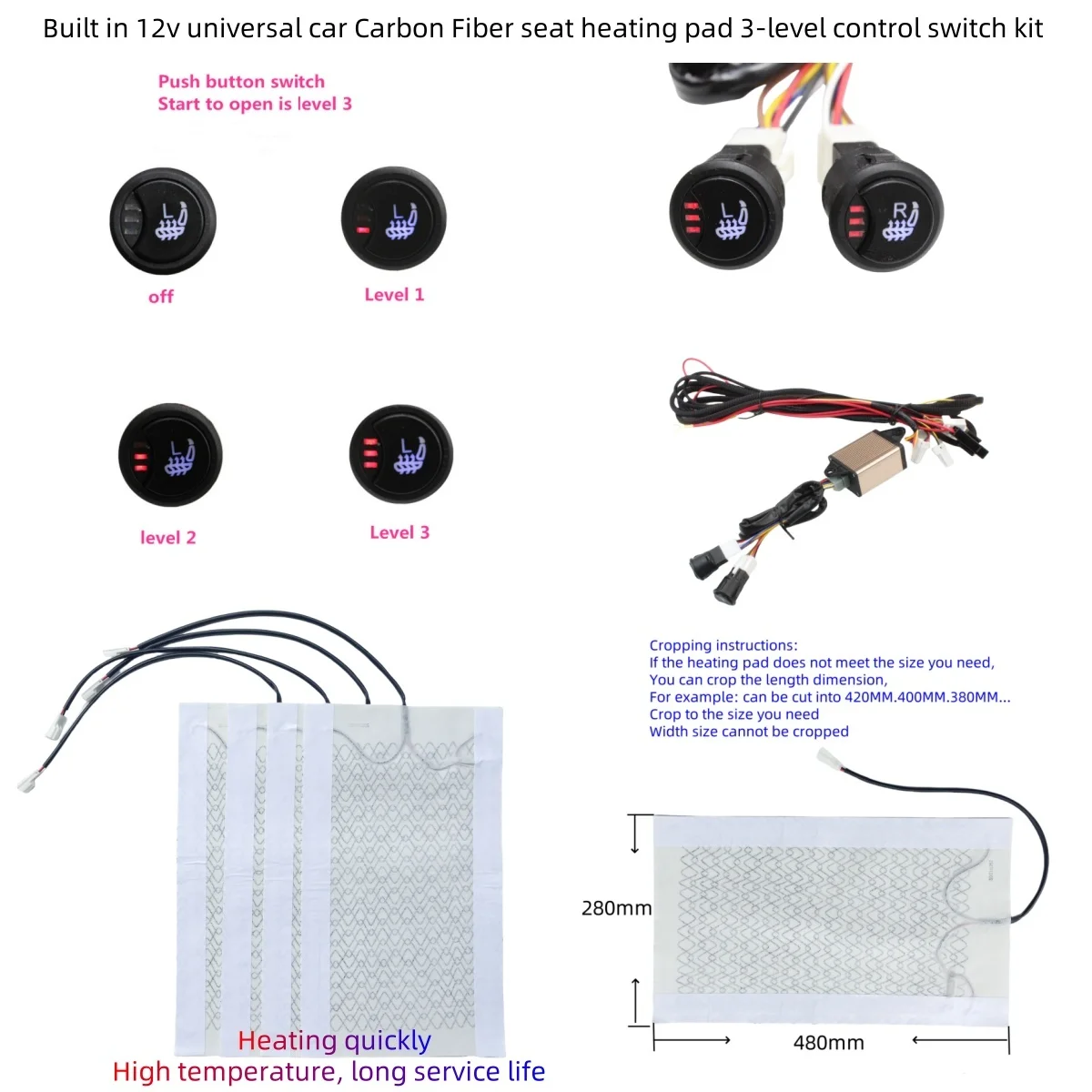 

Universal 12V built-in car seat heater, carbon fiber heating pad, three level circular left and right switch control