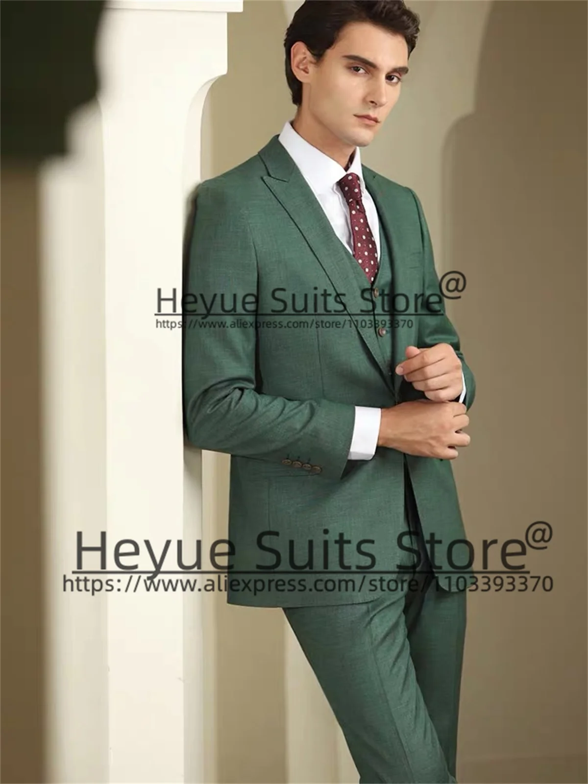 

High-end Products Green Business Men Suits Peak Lapel Groom Wedding Tuxedos Formal Prom 3 Pieces Sets Office Work Male Blazer