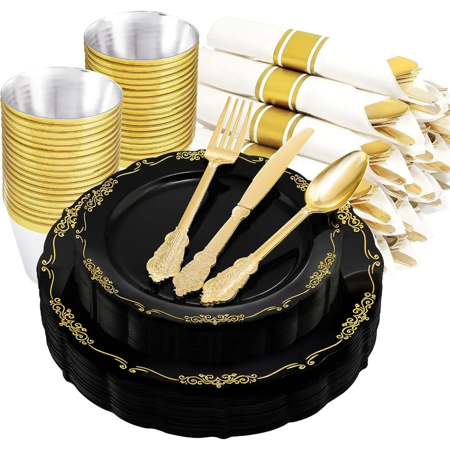 

175PCS Black Plastic Plates and PreRolled Napkins with Gold Cutlery Set for Elegant Party Dining: Includes 25 Dinner Plates 25