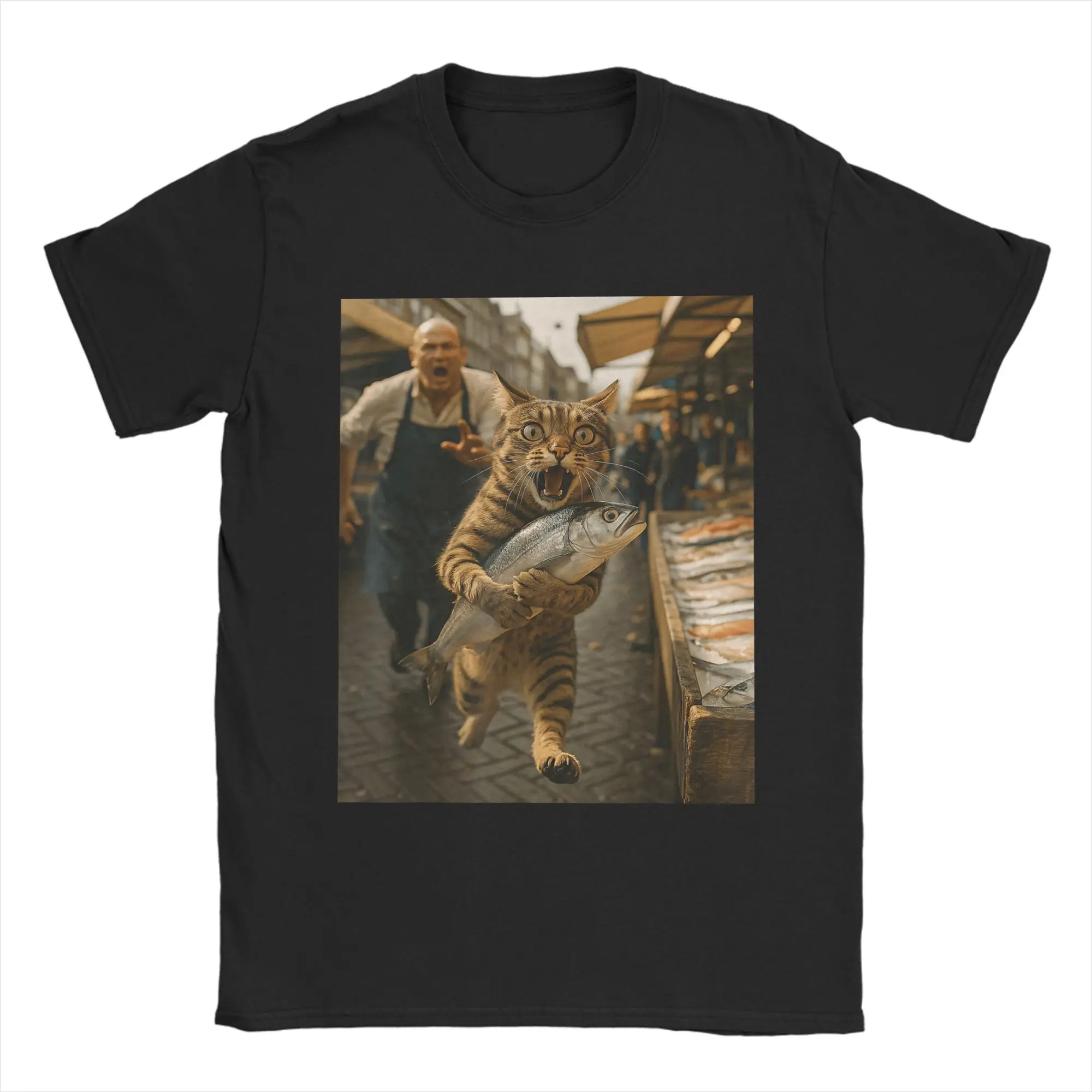 

Cat Cat Fish Funny Market Chaos Animal Meme Humor Футболка Мужская хлопковая футболка с круглым вырезом Футболки с короткими рукавами Одежда большого размера