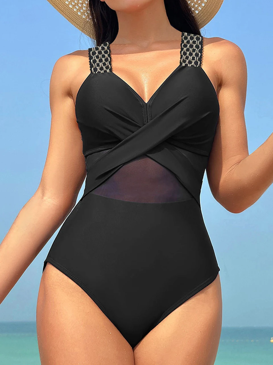 One Piece Ring Link Swimwear 2024 Women Sexy Mesh Ruched Swimsuit Female Bathers Bathing Swimming Swim Bodysuit Beachwear Summer