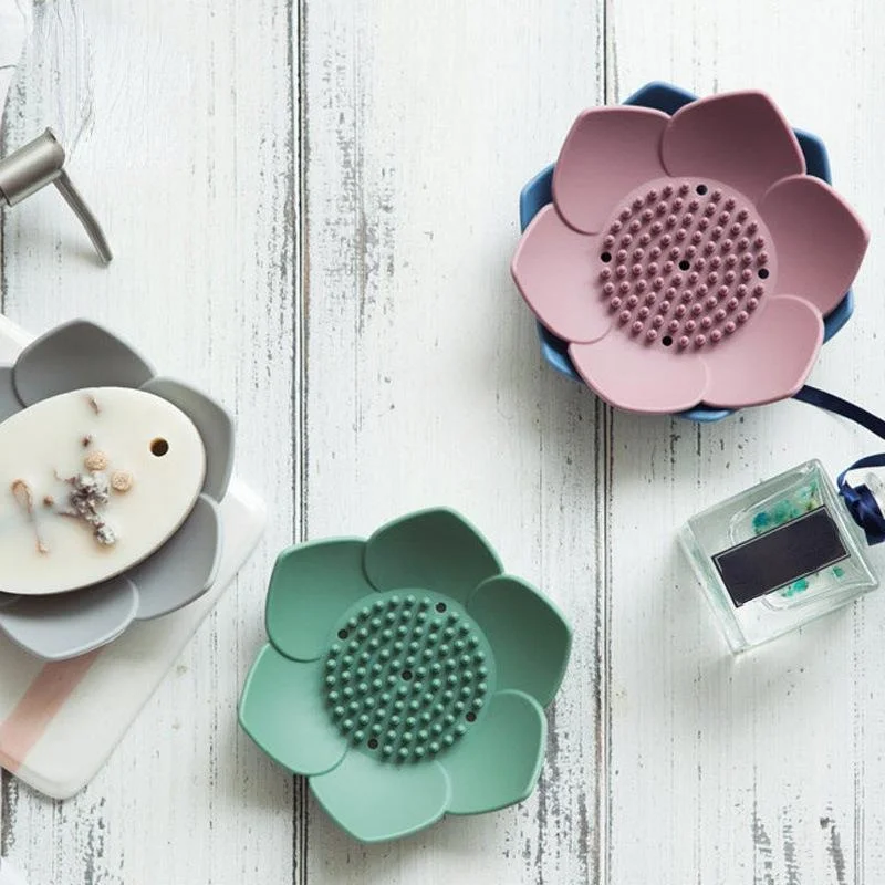 Creative Silicone Lotus Soap Holder Bathroom Soap Drain Box Non Perforated Lotus Shaped Soap Box Kitchen Soap Sponge Drain Box