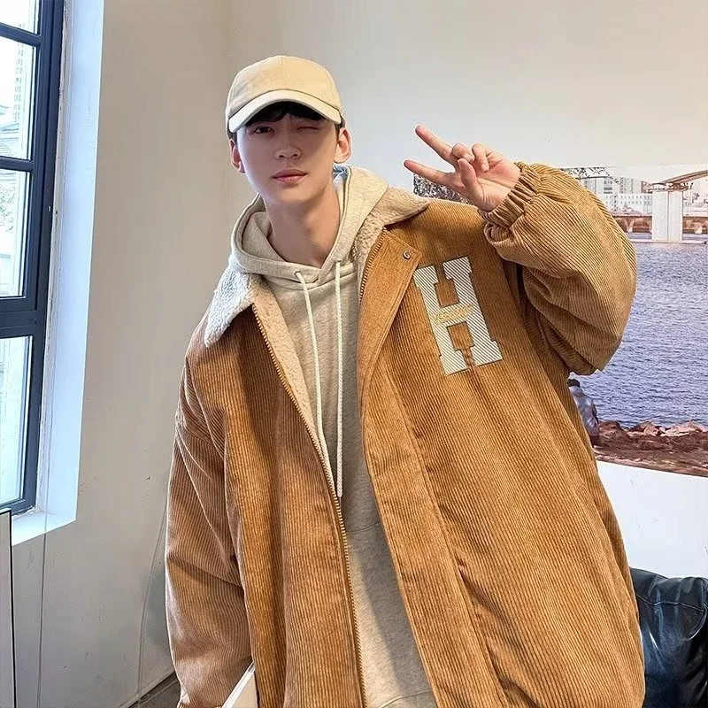 

​Oversized Men's Corduroy Jacket Autumn Winter Fleece Lined American Style Badass Streetwear Coat Warmth​