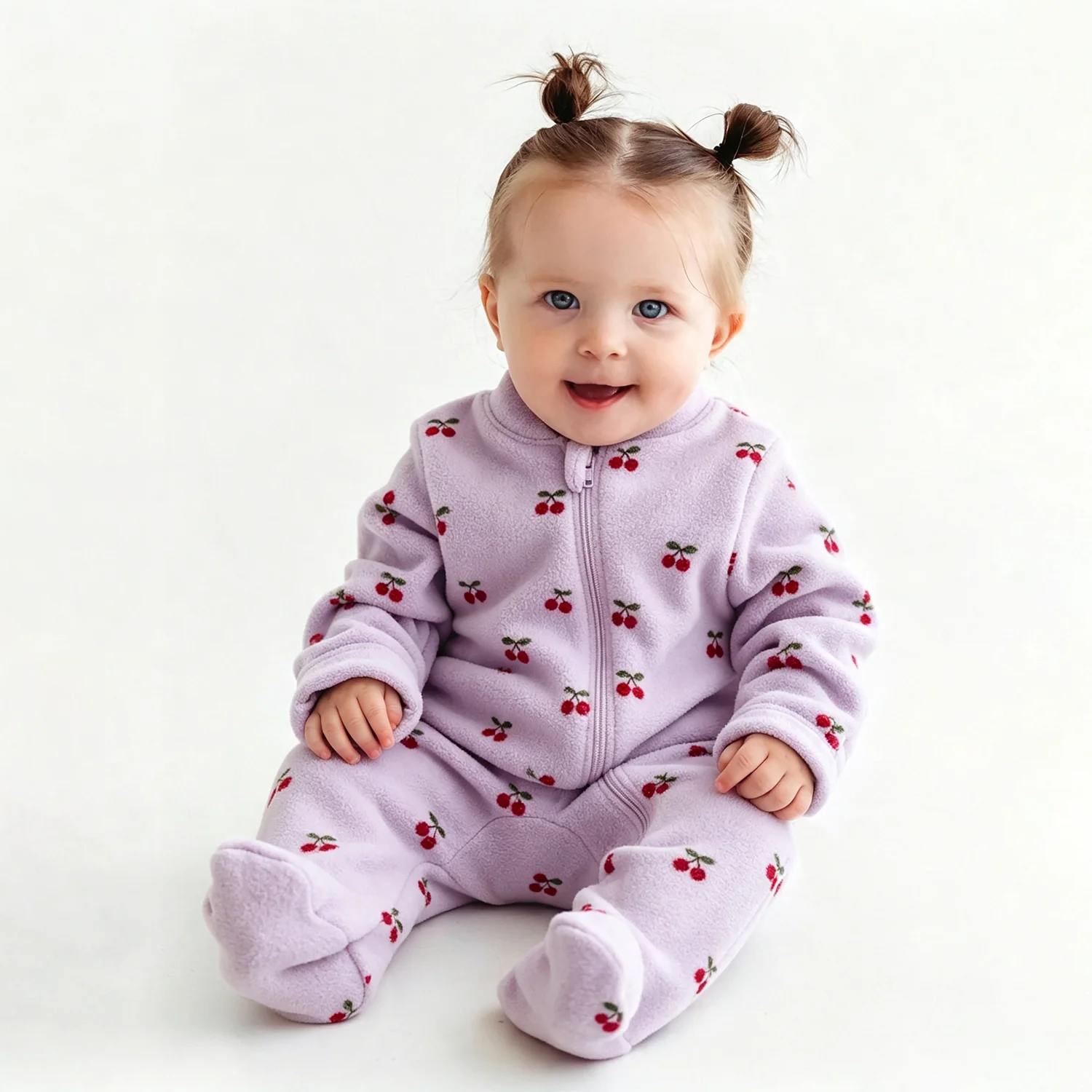Soft Purple Baby Fleece Onesie Cute Red Cherry Green Leaf Print Newborn Zipper Romper Warm Infant Footed Bodysuit Winter