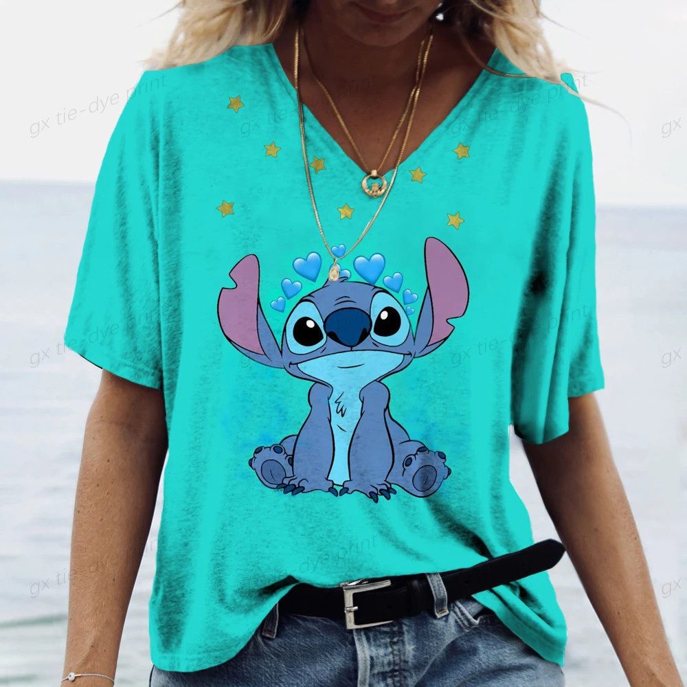 Summer Casual V-neck T-shirt Women\'s Disney Print Shirt Top Loose Stitch Women\'s Street Wear Short Sleeve Clothes S-5XL