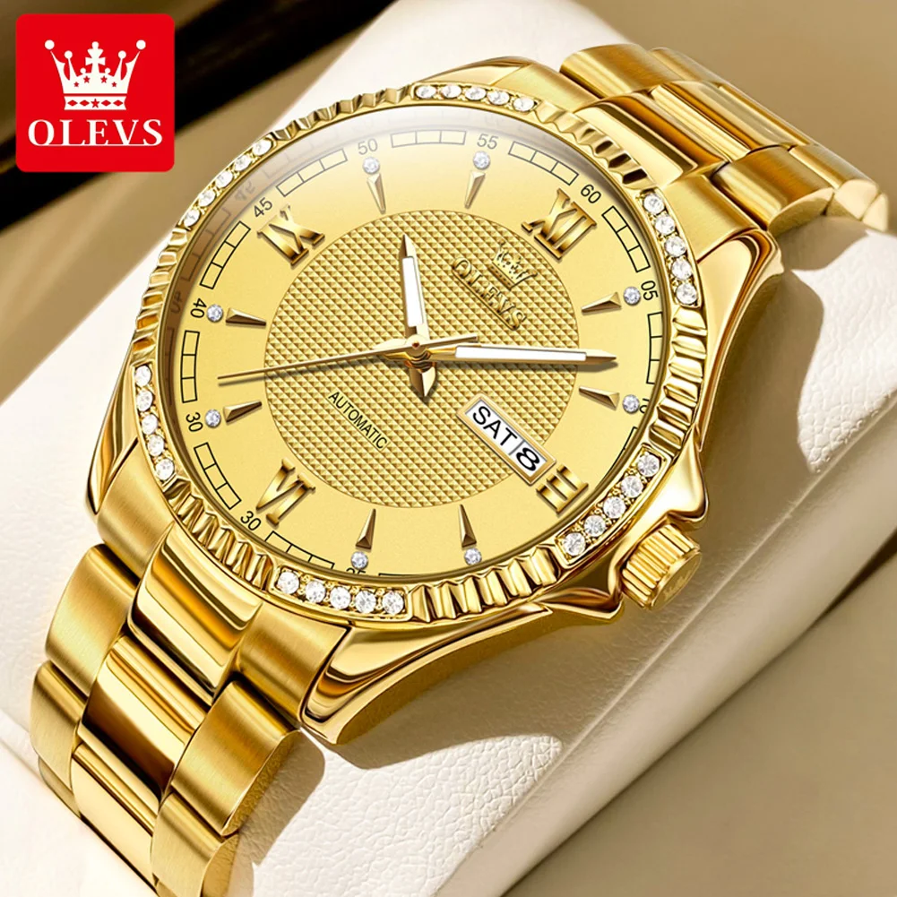 OLEVS Roman Diamond Gold Men\'s Wrist watch Luxury Calendar Window Waterproof Stainless Steel Automatic Watch for Men Original