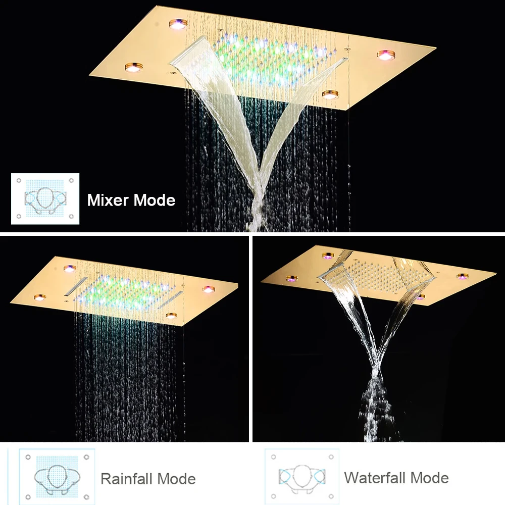 Juego de ducha de lluvia LED con Control remoto inteligente, techo empotrado de Oro pulido, juego de ducha negro, grifo oculto de ducha en cascada