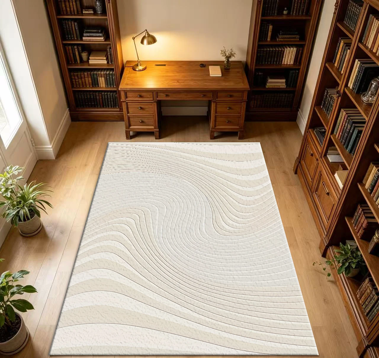 Cream Tone Curved Line Abstract Carpet Flooring Minimalist Home Area Rug Decorative Floor Rug for Indoor Space