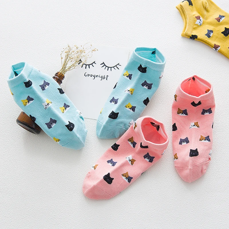 5 Pairs Women Cartoon Cat Socks Ankle Socks Kitten Korean Fashion Female Kawaii School Girls Casual Short Socks Calcetines Mujer