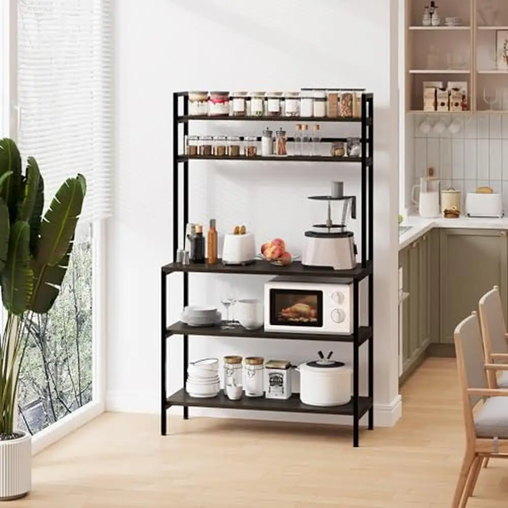 5 Tier Industrial Kitchen Bakers Rack with Hutch Microwave Stand Storage Shelves Coffee Bar Strong Metal Frame Adjustable Feet