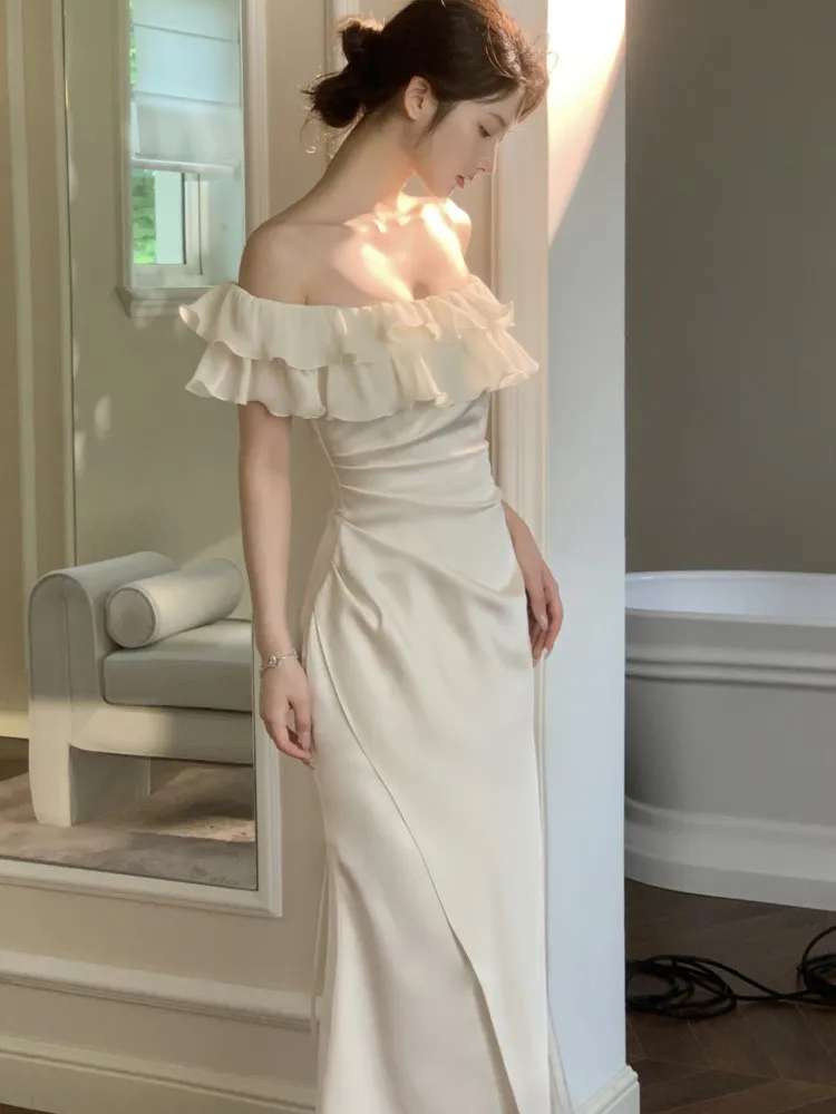 Mulher elegante chique cetim sereia vestido de noite coreano babados slash neck fino ajuste vestidos de festa moda sólida midi robe