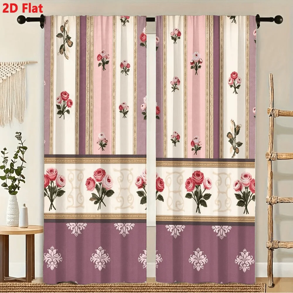 

2Pcs Curtains Vintage Rose Striped Window Drapes for Bedroom Living Room Decoration Window Treatment.