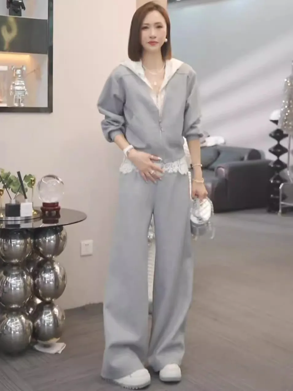 

ey Lace Hoodie And Wide Leg Pants Set Spring Autumn Casual Sle Two Piece Suit Fem Long Sve Sweatirt with Hat