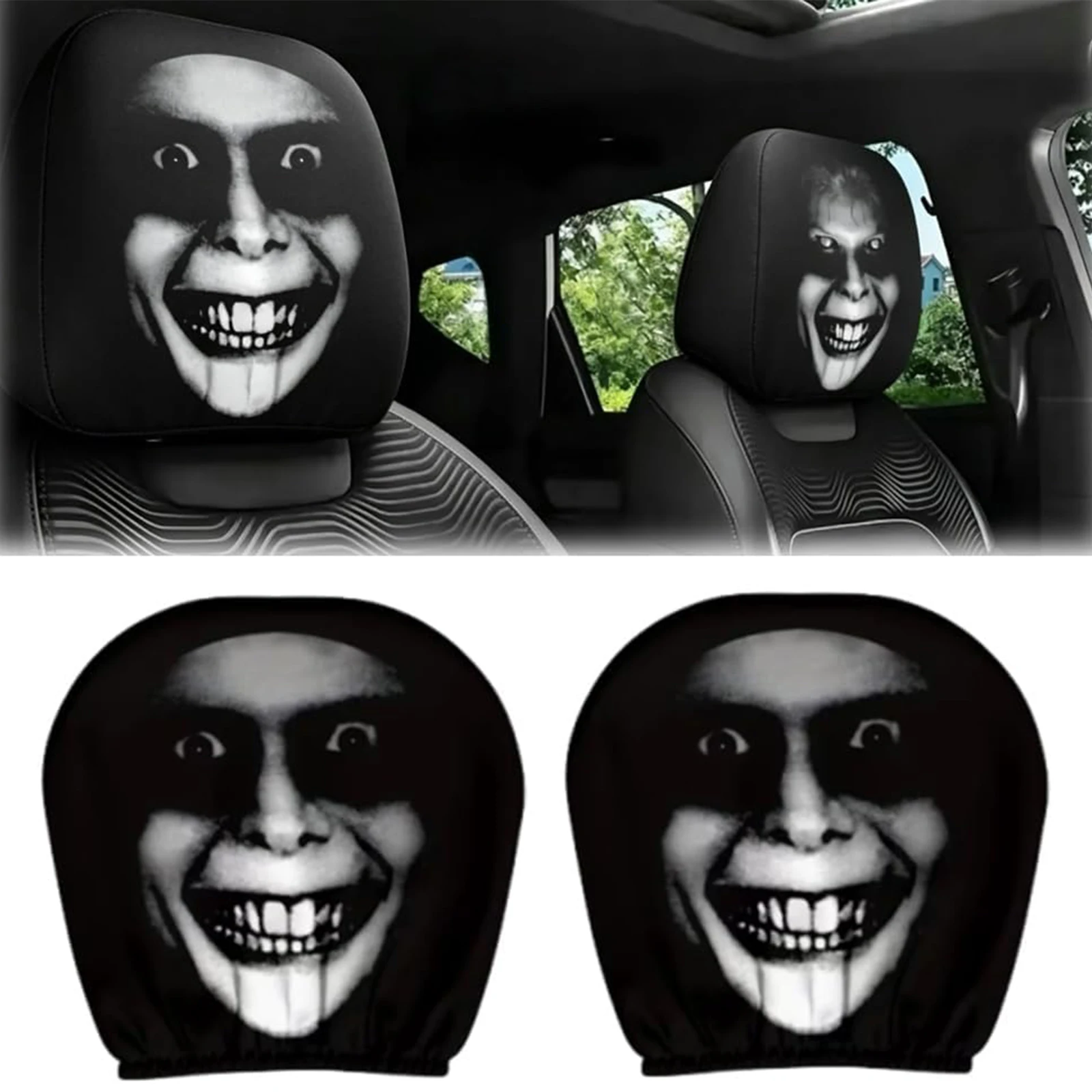 2 Pcs Scary Headrest Covers for Cars Upgraded Snug Fit Car Headrest Cover Breathable Polyester Spooky Ghost Face Seat Protector