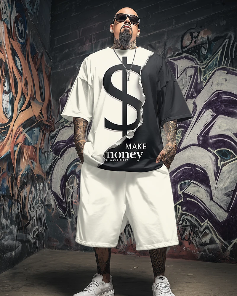 S-9XL Plus Size Men's Oversized Fit, Dollar Sign, Camo, Flame & Occult Print T-Shirt & Shorts Set, Casual Streetwear Outfit