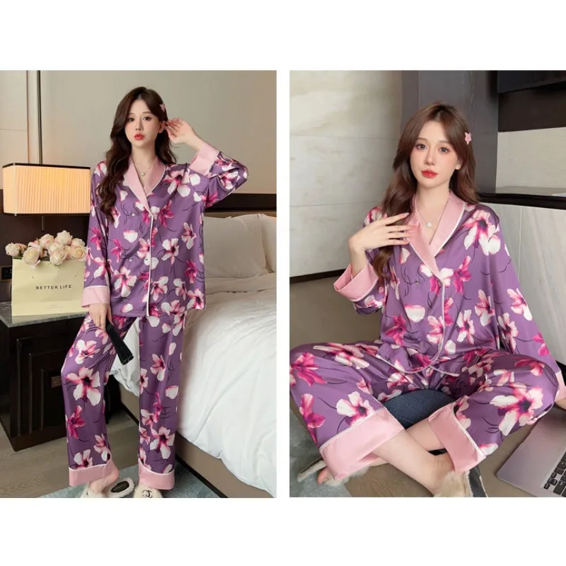 2024 New Female Ice Silk Pajamas Spring Autumn Women Long Sleeve Trousers Casual Homewear Suit Large Size Thin Nightclothes Sets