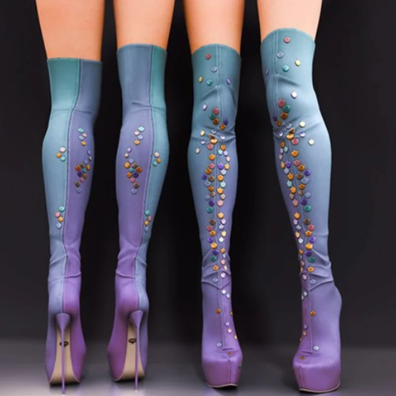 솔리드 다이아몬드 오버 니 부츠 얇은 하이힐 뾰족한 앞코 패셔너블 섹시 쿨 2025 겨울 빅 사이즈 여성 신발