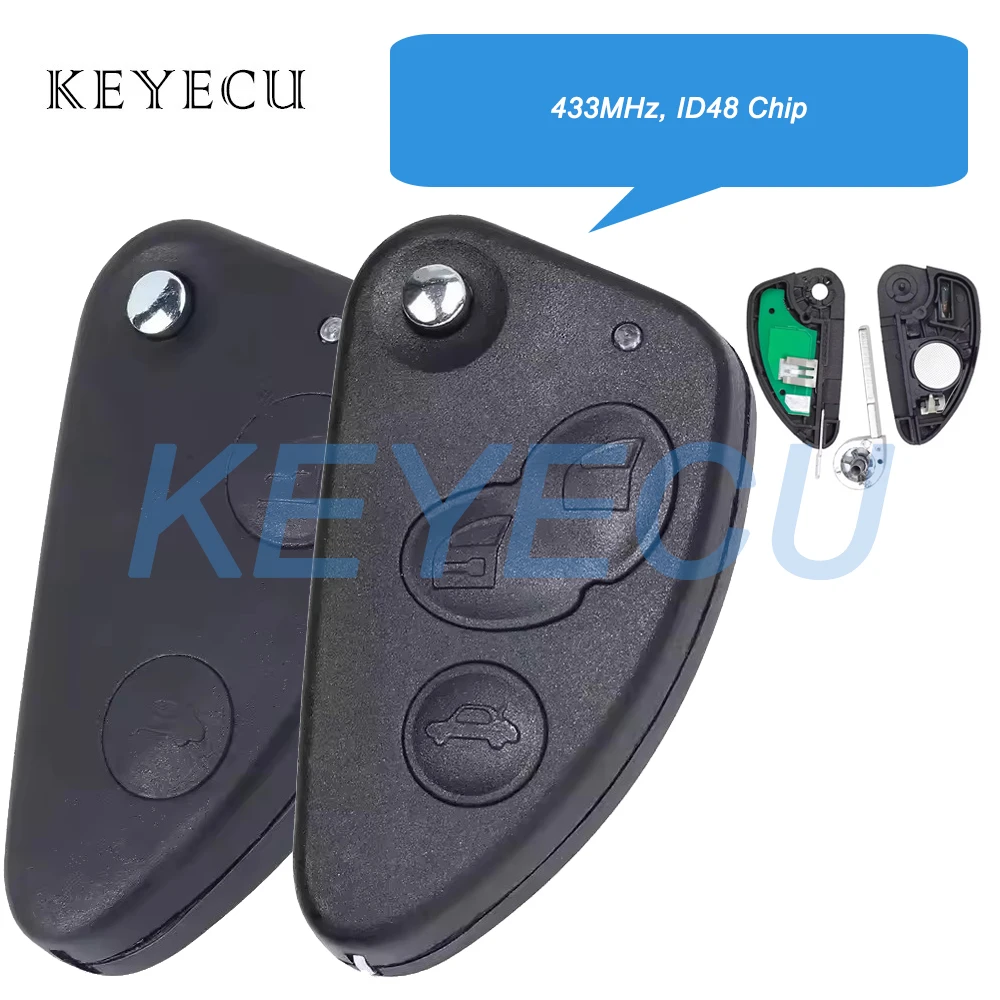 

Keyecu 433MHz ID48 Chip Flip Remote Car Key Fob 2 3 Buttons Replacement for Alfa Romeo 147 156 166 GT With Uncut SIP22 Key Blade