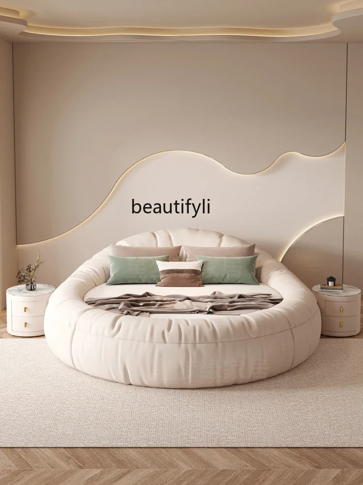 

Cream Style Technology Fabric Large round Bed round Double Male Master Bedroom Couple Homestay Hotel Couple Luxury Marriage Bed