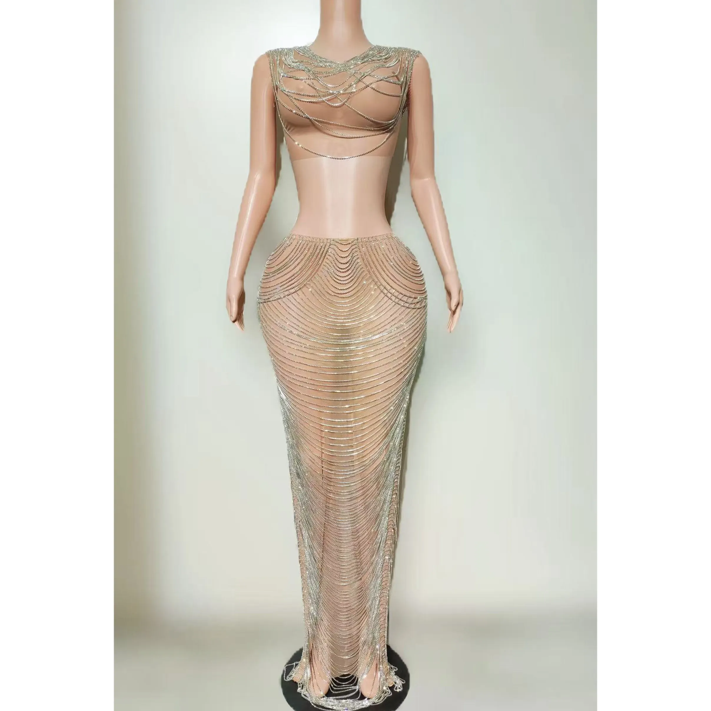

2025 Sexy Stage Costumes Perspective Mesh Chain Dress Nightclub Bar Dj Performance Singer Gogo Dancers Festival Clothes DN20819