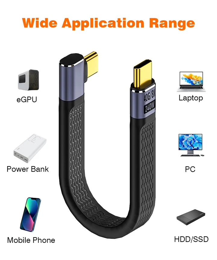 USB4 Elbow Short Cable 13.5cm Thunderbolt4 Type C Cable 40Gbps PD240W Charging Cable for SSD Laptop Macbook Phone IPhone15 iPad