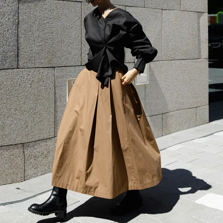 Spring and Autumn New Fashion Elastic Waist Half Body Long Skirt, Women's Solid Color Loose Casual A-line Half Body Skirt Y2k