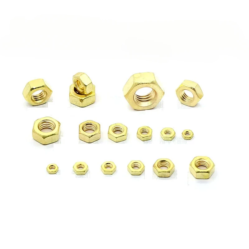 20pcs M0.8-M6 Yellow Solid Brass Copper Hex Hexagon Nuts DIN934 Locking Nut Screw Bolts 12 Size High Quality