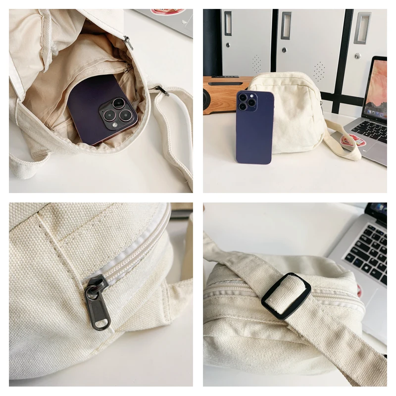 Small Canvas Women's Bag Zipper Shoulder Cross Bag Vintage Messenger Bag Y2K Eco Bag Korean Shopping Satchels Solid Shell Murse