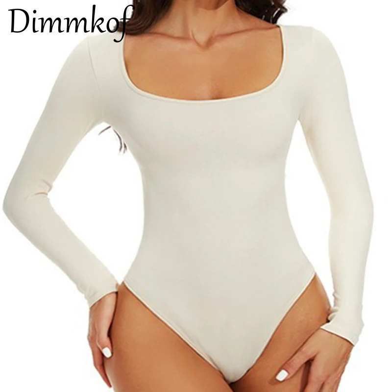 Dimmkof Ribbed Sexy Thong Bodysuit Women's Seamless Square Neck Long Sleeved Snap Button Shapewears Tummy Contro Sculpting Body