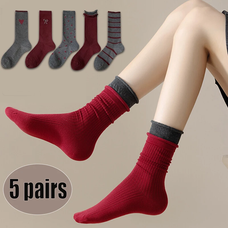 5Pairs Women Vintage College Style Socks Breathable Comfortable Casual Ankle Sock High Quality Soft Fashionable Middle Tube Sox