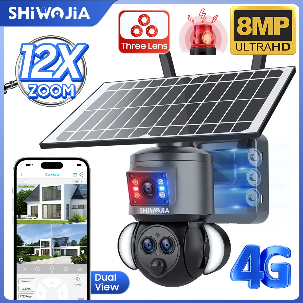 SHIWOJIA 8MP Solar Camera 4G SIM Three Lens 12X ZOOM 360° Outdoor WIFI Battery Security CameraHumanoid Tracking PIR Night Vision