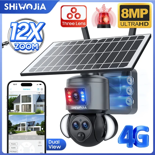 Shiwojia-バッテリー付き屋外ソーラーセキュリティカメラ、人間追跡、Pirナイトビジョン、3レンズ、12倍ズーム、360 ° 、8mp、4g sim