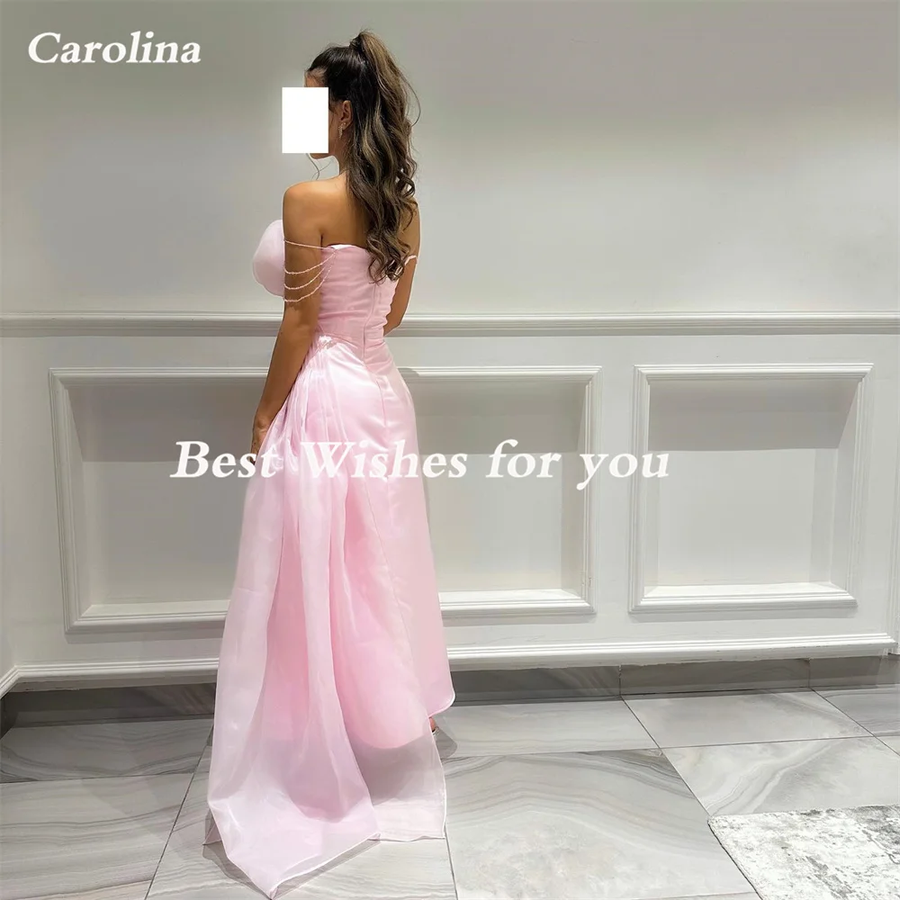 Carolina Elegant Pink New Saudi Arabic Off the Shoulder Prom Dresses Organza Ankle Length Formal Women Evening Party Dress