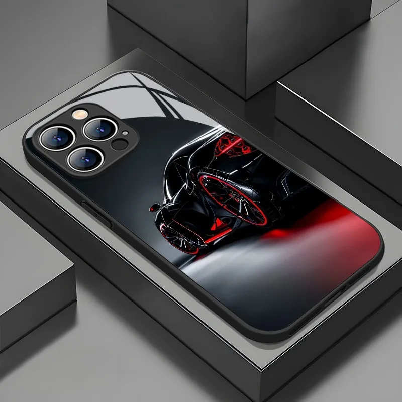 

Black Cool Car Pattern Glass Material Phone Case For iPhone 17 Pro Max 11 12 13 14 15 16 Pro 16E 17Air 7 8 15 Plus XR XS X Cover