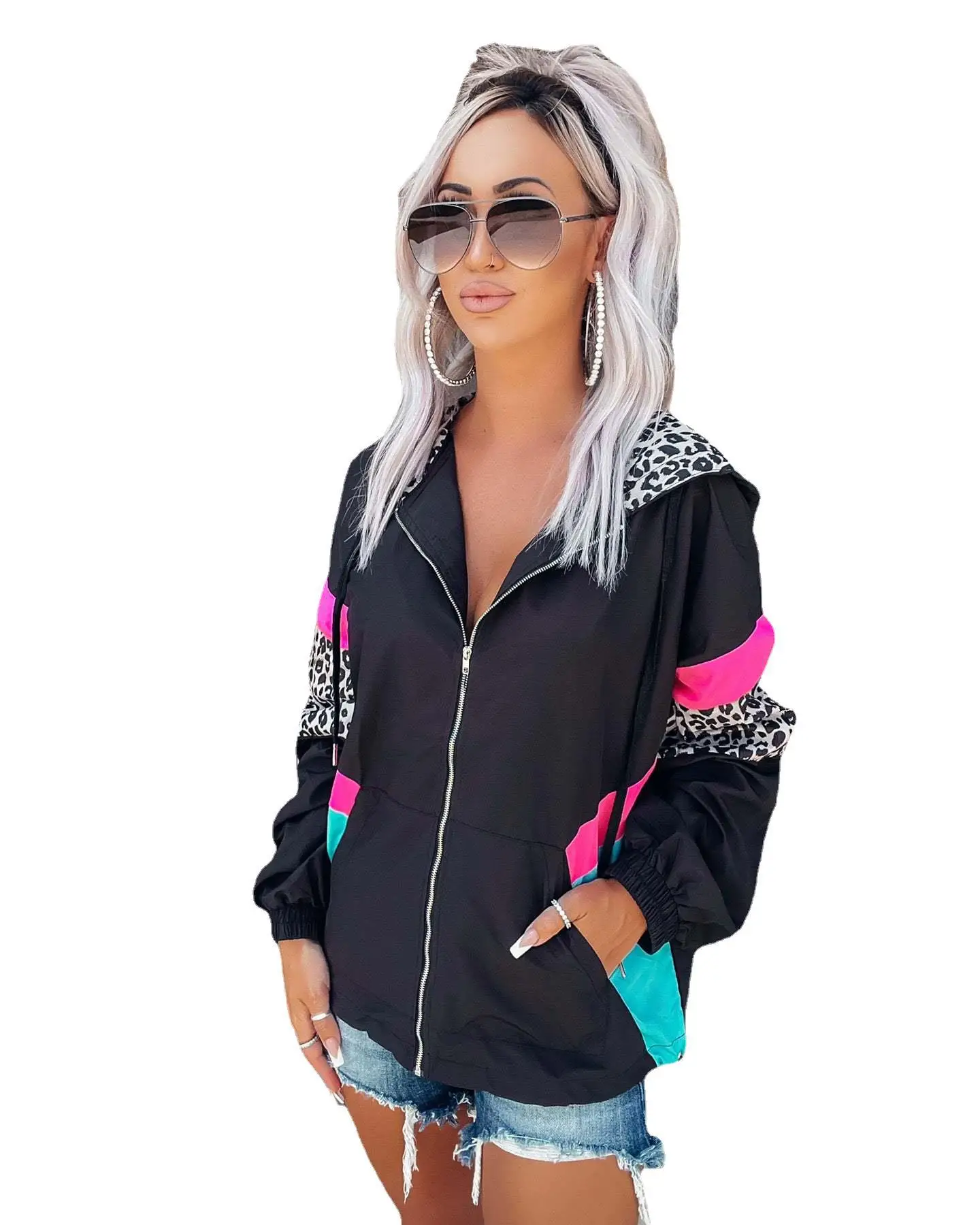 Jacket New Style 2023 Autumn Spliced Leopard Print Zipper Women\'s Hooded Loose Sweatshirt Streetwear Women