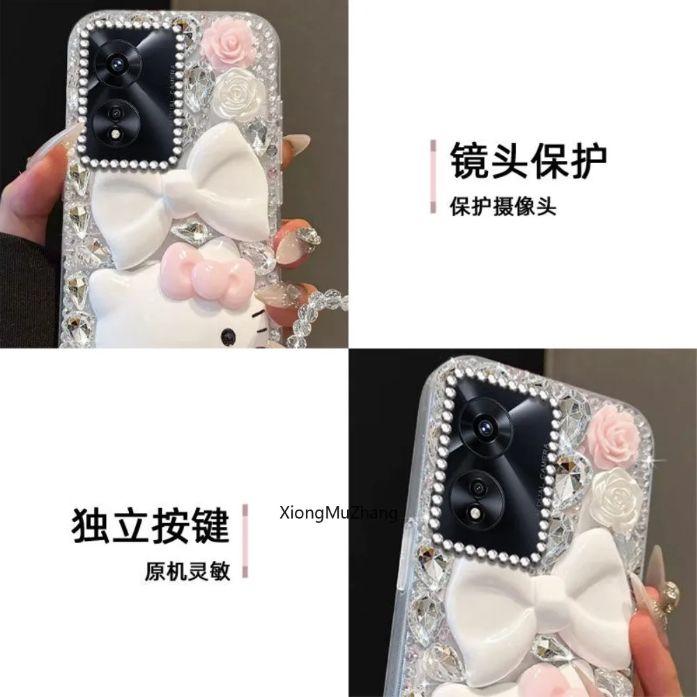 Hallo Kitty Schleife mit Armband Handyhülle für OPPO A98 A96 A95 A93 A92 A78 A74 A72 A58 A55 A54 A53 A52 A16 Strasshülle – Detail 4