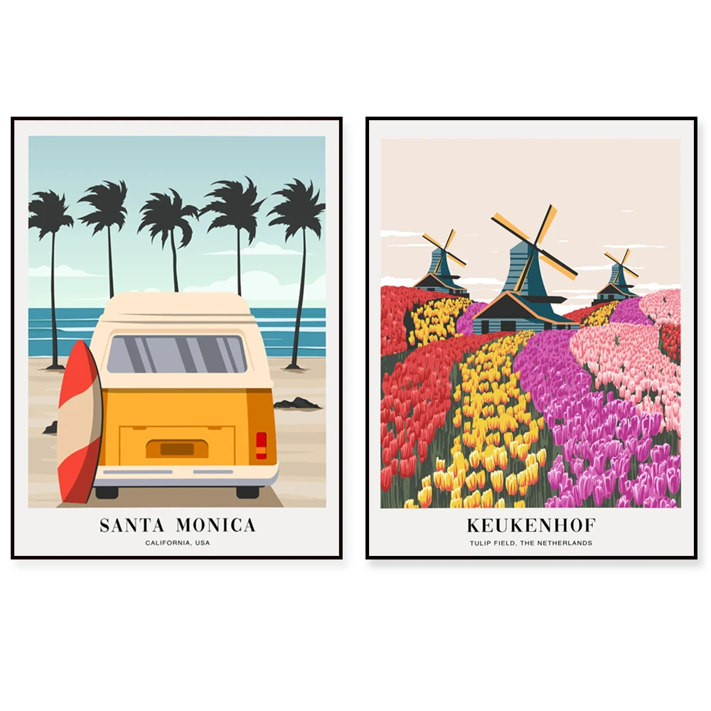 Affiches sur le thème de la montagne aux cerisiers en fleurs, de la montagne Roche, des champs de lavande, de la région de Provence, du lac Tekapo et du surf à Santa Monica