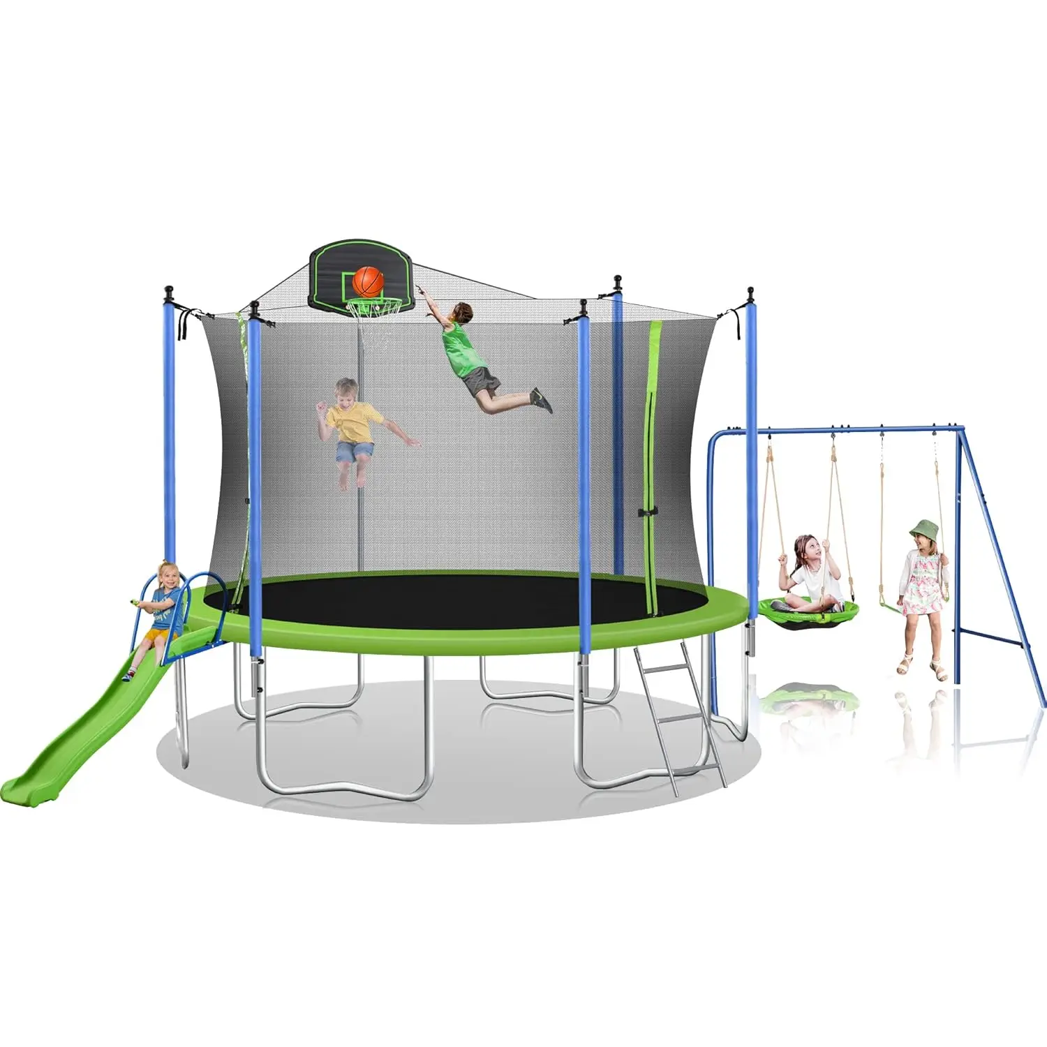 

12ft Trampoline with Swing Slide Safety Net Basketball Hoop Outdoor Kids Adults Green, Custom