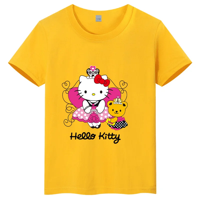 

Детская футболка Sanrio Hello Kitty с милым мультяшным принтом, универсальный топ из чистого хлопка с круглым вырезом для родителей и детей
