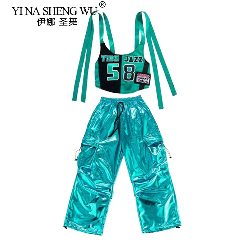 Boys Hip Hop Green T-shirt Shiny PU Leather Cargo Pants Girls Crop Top Kids Street Dance Streetwear Children Jazz Clothes Sets
