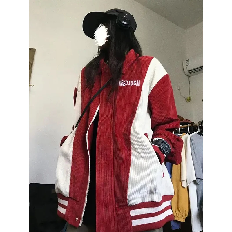 MEXZT Harajuku Baseball Jacket Women Corduroy Patchwork Bomber Jackets Streetwear Oversized Striped Outerwear Vintage Coats New