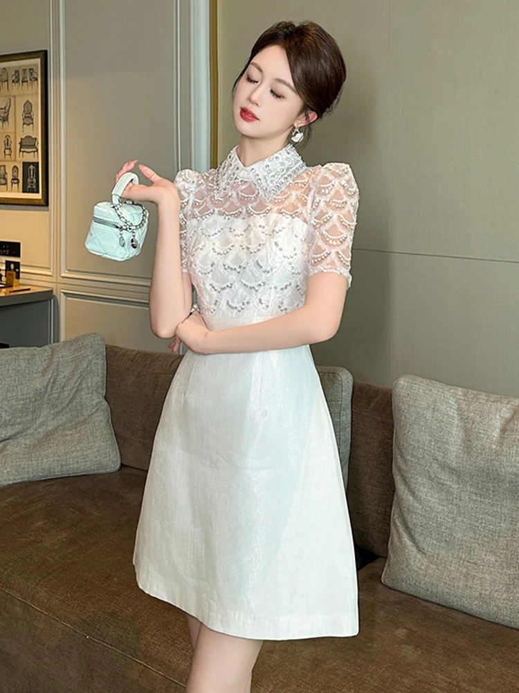 ปลอม 2 ชิ้นหรูหราหรูหราทํางานสไตล์อย่างเป็นทางการชุดสั้นเสื้อผ้าผู้หญิง Vintage เลื่อมแขนสั้น Slim Vestidos