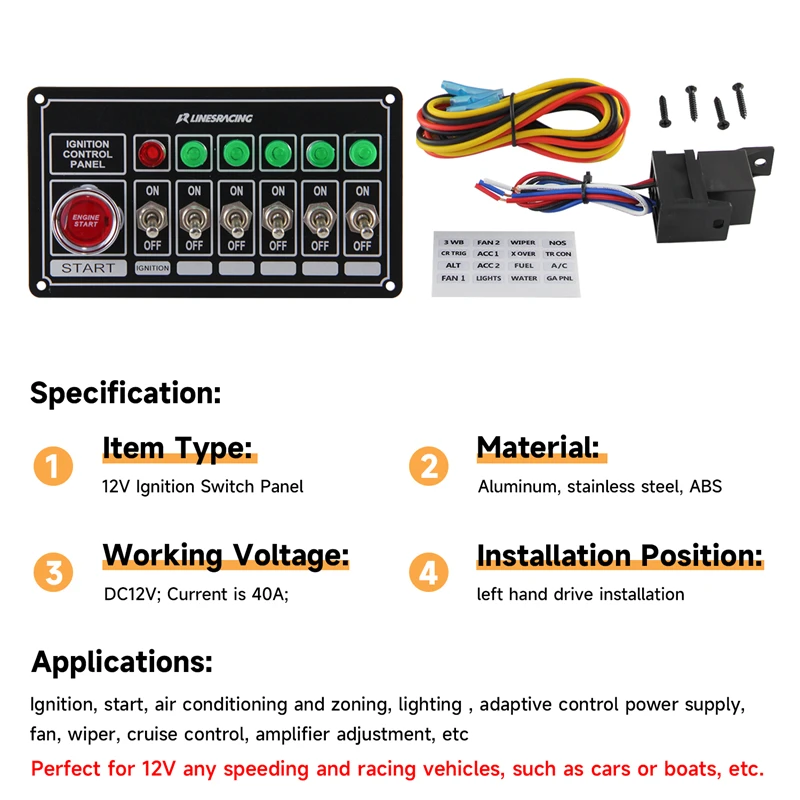 LR Racing Switch Panel Ignition Engine Start 6 Switch & Lights Switch Panel Aluminum ABS Black