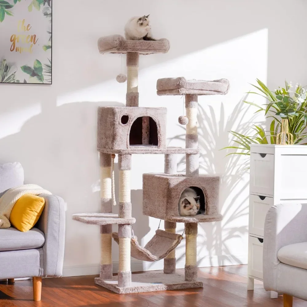 

Multi story cat tree apartment furniture, covered with sisal grabbing pillars, with 2 plush apartments, hammocks, and toy balls