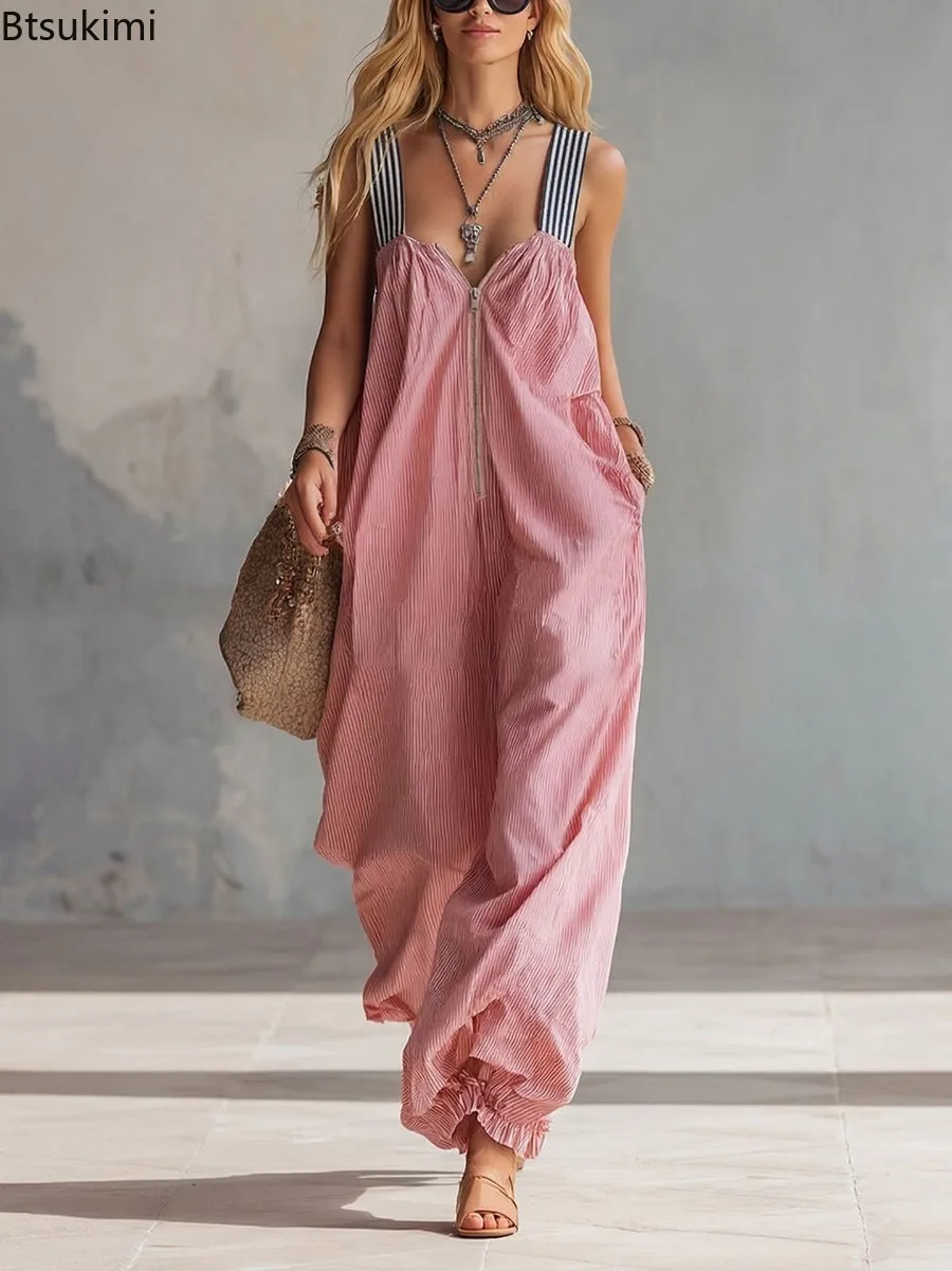 New 2026 Women's Spring Summer Striped Overalls in Stock with Zipper and Pleated Ankle Design Casual and Comfortable Jumpsuit