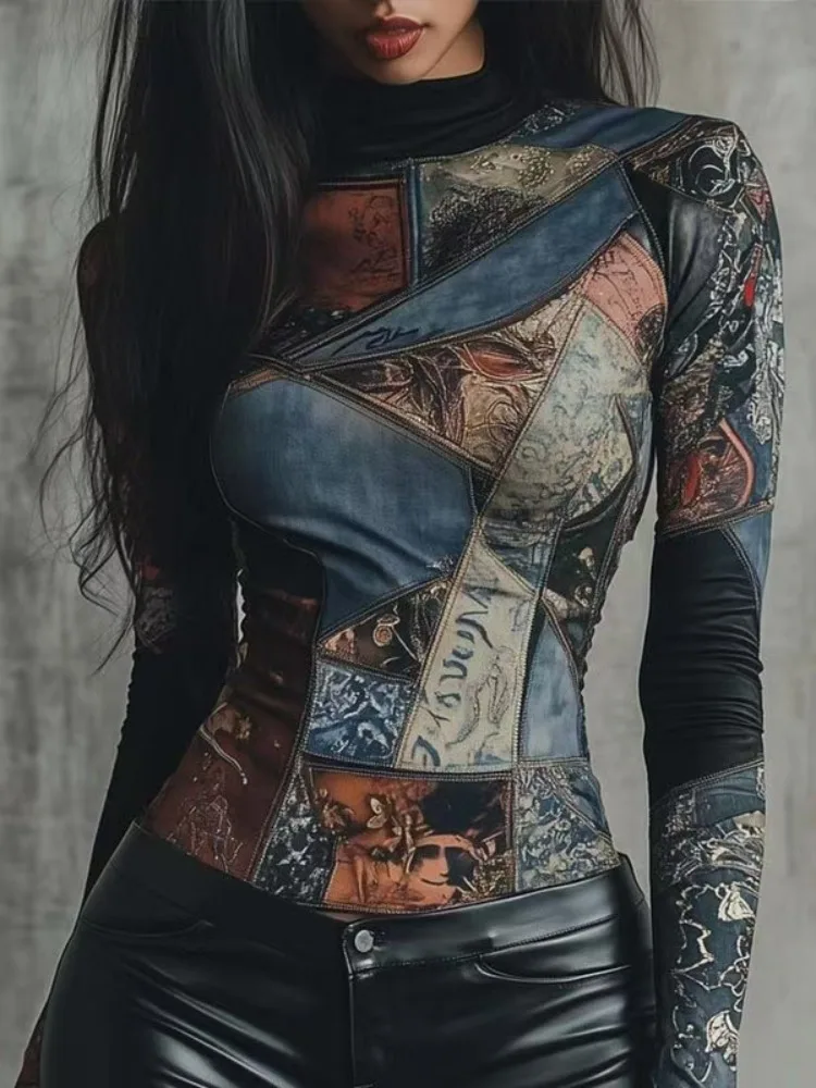 เสื้อยืดคอเต่าพิมพ์ลายกราฟิกวินเทจใหม่ UOOZEE 2026 สำหรับผู้หญิง ทรงเข้ารูป แขนยาว สไตล์สตรีทแฟชั่น