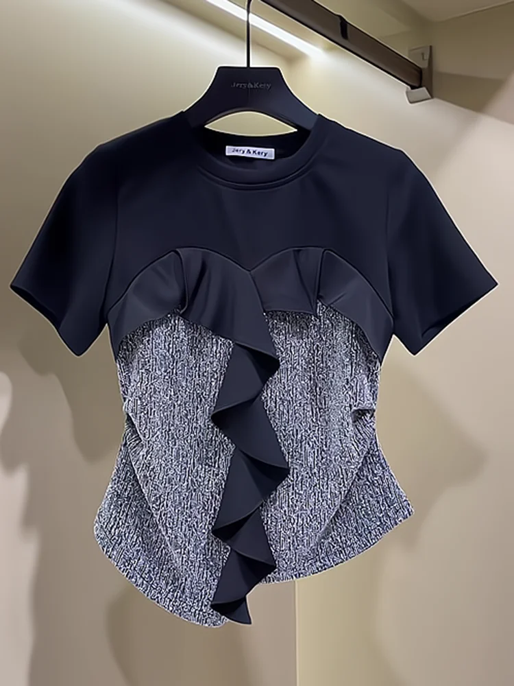 

Летний асимметричный топ с коротким рукавом и круглым вырезом, с завышенной талией, уникальная женская футболка в корейском стиле для повседневной носки