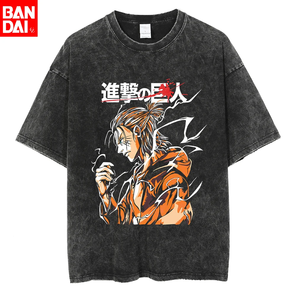 Vintage Washed Black Attack on Titan Eren Yeager Anime T-Shirt Herren Harajuku Gothic Streetwear Kurzarm Manga Grafik Tee Top
