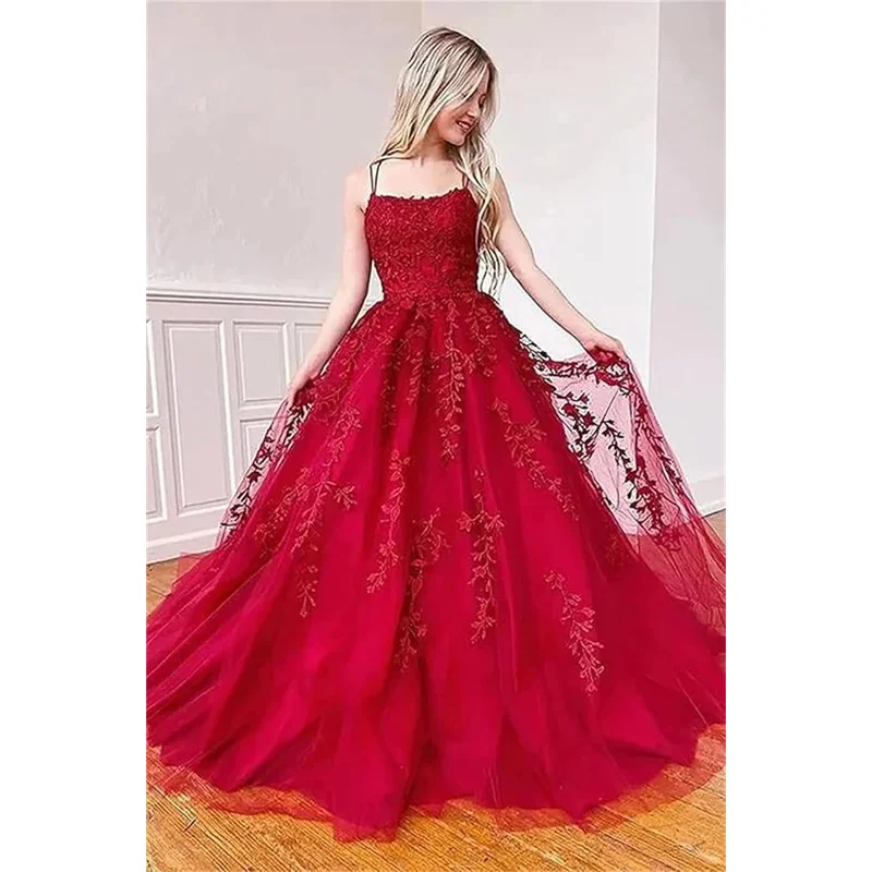 

Customized Tulle Lace Appliques Prom Dresses Long Ball Gown for Women Spaghetti Straps Corset Backless A-Line Evening Dress